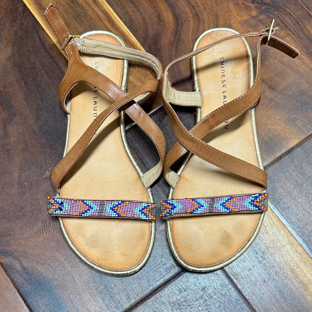 Chinese Laundry- Brown Leather Sandals with Multicolor Beaded Strap